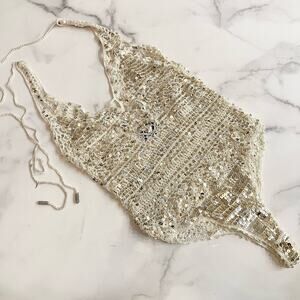 RETROFETE Sequined Crochet Bodysuit Beige Gold Tie Lined Sheer Knit S like new